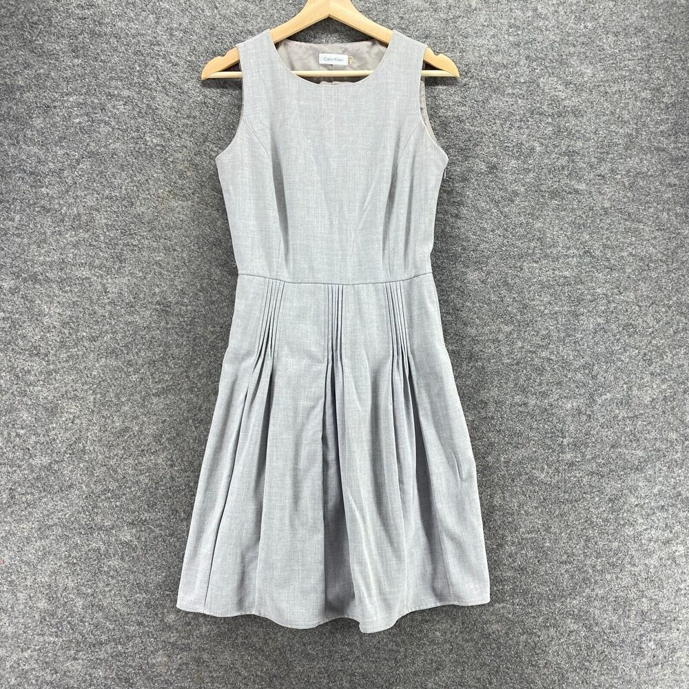 Calvin Klein Light Gray Pleated Scoop Neck Midi Dress
